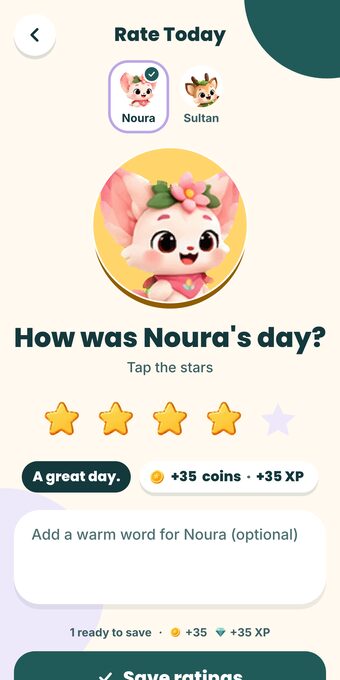 The Rate Today screen: stars and a kind word for Noura